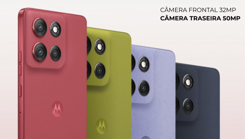 A close-up shot of the Moto G86 smartphone, showcasing its impressive camera system. The foreground features the phone resting on a wooden table, with the camera lens glistening under soft, natural lighting. In the middle, include details of the rear camera module, highlighting the dual-lens setup and sensor array, designed for high-quality photography. The background should be softly blurred, depicting an outdoor scene with vibrant greenery and subtle hints of sunlight filtering through leaves, creating a warm, inviting atmosphere. The focus is on conveying the essence of quality photography captured by the Moto G86, emphasizing clarity and detail in the camera features, all while maintaining a professional and sleek aesthetic.