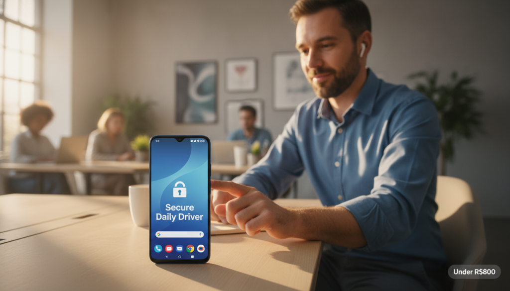 A close-up view of a Moto G06 smartphone prominently displayed in the foreground, with its sleek design and vibrant screen featuring a user-friendly interface. Surrounding the phone, a professional user sits at a desk, dressed in business casual attire, attentively engaging with the device, symbolizing a practical tech-savvy individual. In the background, a softly blurred office environment captures a modern workspace filled with soft, natural light from a nearby window, creating a warm and inviting atmosphere. The focus is sharp on the smartphone and user, while the background is slightly out of focus, lending depth to the image. The overall mood conveys a sense of reliability and accessibility, ideal for conveying the Moto G06 as a secure option for everyday use under 800 Reais.