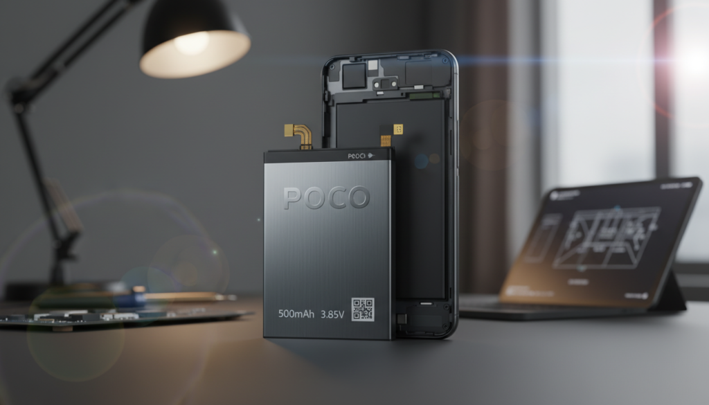 A close-up view of a Xiaomi Poco C85 battery, showcasing its sleek, modern design with metallic and matte finishes. The battery is positioned prominently in the foreground, with detailed features like the brand logo, capacity stamp, and connection points clearly visible. In the middle ground, a smartphone device is partially visible, highlighting the integration of the battery with the device, reflecting contemporary technology. The background shows a blurred workspace with warm, ambient lighting that suggests innovation and efficiency. The image conveys a mood of reliability and advanced technology, with a slight lens flare to enhance the modern aesthetic. The focus is sharp on the battery, drawing attention to its features while maintaining a clear context.