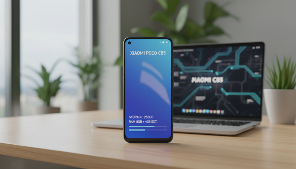 A close-up view of a Xiaomi Poco C85 smartphone, showcasing its sleek design and vibrant display, placed on a modern, wooden desk. The foreground features the phone displaying detailed specs related to storage and RAM, subtly illuminated by soft, diffused natural light from a window nearby. In the middle ground, an open laptop with tech-related graphics enhances the tech environment. The background features blurred houseplants, giving a fresh ambiance. The focus is on the smartphone, highlighting its glossy surface and screen clarity, with a slight reflection that suggests high-quality materials. The overall mood is professional and tech-savvy, set in a clean, contemporary workspace atmosphere, emphasizing modern technology's role in daily life.