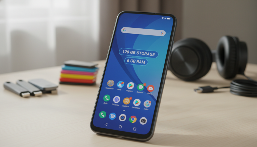 A close-up view of the Moto G06 smartphone showcasing its sleek design, highlighting its storage capacity and RAM specifications. The device is positioned against a soft, blurred background featuring organized tech gadgets like USB drives and headphones, suggesting a modern digital lifestyle. Natural lighting illuminates the phone’s screen, emphasizing vibrant app icons and storage indicators. The angle is slightly tilted for a dynamic perspective, focusing on the phone's curved edges and polished finish. The overall atmosphere should convey reliability and accessibility, appealing to users looking for a budget-friendly device that meets daily needs.