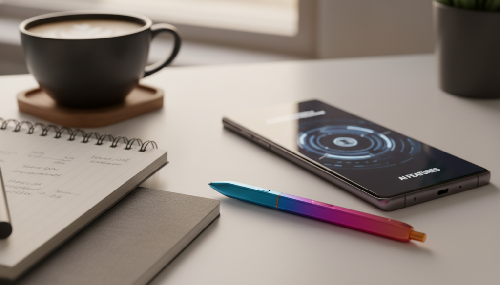 A close-up view of the Samsung Galaxy S24 Ultra's S Pen, resting elegantly on a sleek, modern workspace table. The foreground features the S Pen in vibrant colors, showcasing its design details and precision tip. In the middle ground, the smartphone itself is slightly blurred but clearly displaying its advanced features. The background is softly lit with warm ambient lighting, suggesting a productive atmosphere. A stylish notebook and a cup of coffee are subtly placed on the side to enhance the mood of creativity and productivity. The image captures a polished, professional vibe, ideal for showcasing technology in a workspace setting, with a focus on usability and innovation.