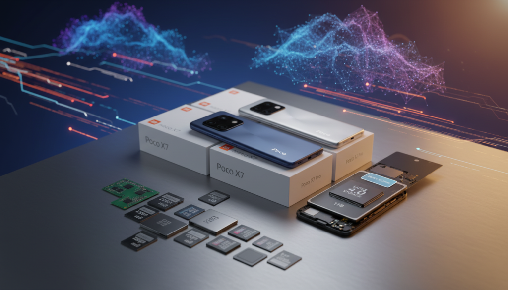 A detailed flat lay composition showcasing the various memory and storage options for smartphones, particularly highlighting the Xiaomi Poco X7 and Poco X7 Pro. In the foreground, include sleek, modern memory cards, such as microSD cards and RAM sticks, arranged artistically alongside the devices. In the middle ground, depict a partially opened smartphone, revealing its storage capacity specifications on a sleek, metallic surface. The background should feature soft-focus images of digital clouds and data streams, symbolizing data storage. Use warm, ambient lighting to create an inviting atmosphere, with a slight lens flare effect to enhance the tech-savvy vibe. The overall mood should be professional, modern, and clean, emphasizing innovation and technology. A detailed flat lay composition showcasing the various memory and storage options for smartphones, particularly highlighting the Xiaomi Poco X7 and Poco X7 Pro. In the foreground, include sleek, modern memory cards, such as microSD cards and RAM sticks, arranged artistically alongside the devices. In the middle ground, depict a partially opened smartphone, revealing its storage capacity specifications on a sleek, metallic surface. The background should feature soft-focus images of digital clouds and data streams, symbolizing data storage. Use warm, ambient lighting to create an inviting atmosphere, with a slight lens flare effect to enhance the tech-savvy vibe. The overall mood should be professional, modern, and clean, emphasizing innovation and technology.