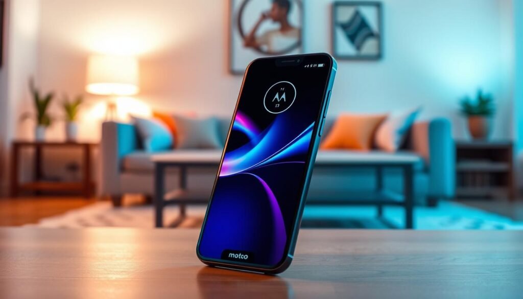 A sleek and modern Moto G86 smartphone positioned prominently in the foreground, showcasing its elegant design and vibrant display. The device is angled slightly to reveal its audio features, like high-quality speakers and possibly sound waves emanating from it, symbolizing impressive audio quality. In the middle ground, a soft-focus background of a cozy living room setting with warm, ambient lighting, creating an inviting atmosphere. The lighting highlights the smartphone, casting gentle reflections to emphasize its polished surface. The scene evokes a sense of innovation and everyday comfort, appealing to users seeking high-quality sound experiences in a budget-friendly phone. The overall mood is uplifting and dynamic, showcasing the phone as an essential part of an engaging audio experience. A sleek and modern Moto G86 smartphone positioned prominently in the foreground, showcasing its elegant design and vibrant display. The device is angled slightly to reveal its audio features, like high-quality speakers and possibly sound waves emanating from it, symbolizing impressive audio quality. In the middle ground, a soft-focus background of a cozy living room setting with warm, ambient lighting, creating an inviting atmosphere. The lighting highlights the smartphone, casting gentle reflections to emphasize its polished surface. The scene evokes a sense of innovation and everyday comfort, appealing to users seeking high-quality sound experiences in a budget-friendly phone. The overall mood is uplifting and dynamic, showcasing the phone as an essential part of an engaging audio experience.