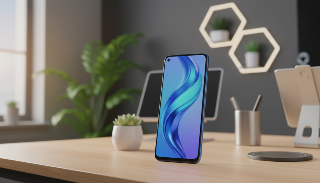 A sleek, modern Xiaomi Poco C75 smartphone positioned prominently in the foreground, showcasing its vibrant display and stylish design. The device is displayed at a slight angle to highlight its slim profile and the reflective glass back, which features a subtle gradient. In the middle ground, a clean, contemporary workspace with a wooden desk adorned with minimalistic accessories enhances the tech-savvy feel. Soft, diffused lighting bathes the scene, creating an inviting atmosphere, while a blurred background includes hints of a modern office environment with plants and gadgets. The image conveys a sense of practicality and value, perfect for illustrating discussions about pricing and cost-effectiveness.