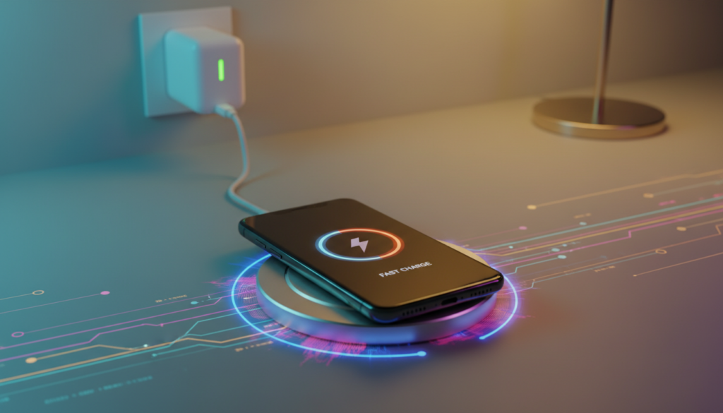 A sleek, modern smartphone charging swiftly on a stylish wireless charging pad, surrounded by a vibrant glow that represents fast charging technology. The foreground features the phone prominently, showcasing its glossy finish and distinct design. In the middle ground, a power adapter with a fast-charging indicator light reflects the advanced capabilities of the device. The background is a soft gradient of colors that suggests innovation and energy, with subtle abstract shapes resembling electrical currents. The scene is illuminated with soft, warm lighting that creates an inviting atmosphere. Capture the image from a slightly elevated angle to emphasize the charging process and details, evoking a sense of efficiency and modernity. A sleek, modern smartphone charging swiftly on a stylish wireless charging pad, surrounded by a vibrant glow that represents fast charging technology. The foreground features the phone prominently, showcasing its glossy finish and distinct design. In the middle ground, a power adapter with a fast-charging indicator light reflects the advanced capabilities of the device. The background is a soft gradient of colors that suggests innovation and energy, with subtle abstract shapes resembling electrical currents. The scene is illuminated with soft, warm lighting that creates an inviting atmosphere. Capture the image from a slightly elevated angle to emphasize the charging process and details, evoking a sense of efficiency and modernity.