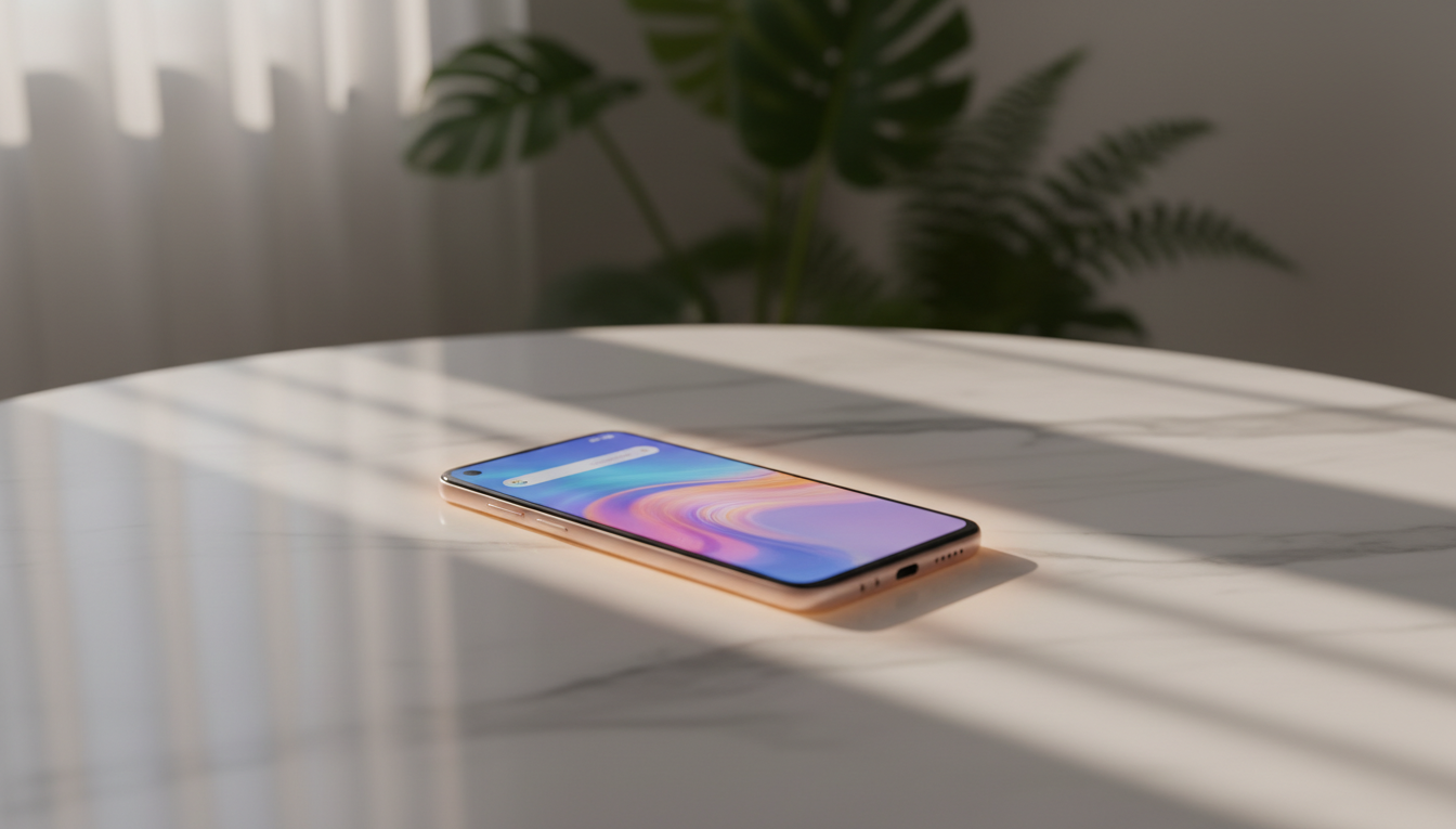 A sleek, modern smartphone, the Realme Note 60X, prominently displayed on a clean, white marble tabletop. The phone, showcasing its vibrant display and sleek design, is angled slightly to capture reflections of the soft, natural light coming from a nearby window. In the background, blurred silhouettes of green plants add a touch of life to the scene, enhancing the focus on the device. A subtle, warm glow surrounds the phone, creating an inviting atmosphere. The overall composition conveys a sense of sophistication and technological advancement, perfect for highlighting its value and appeal. The image is clean and professional, free from any distractions or text overlays.