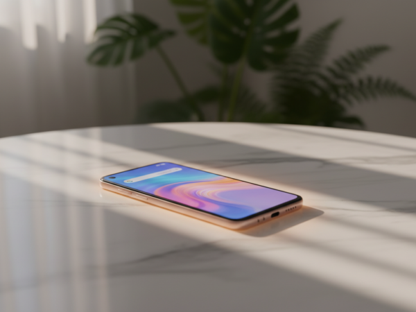A sleek, modern smartphone, the Realme Note 60X, prominently displayed on a clean, white marble tabletop. The phone, showcasing its vibrant display and sleek design, is angled slightly to capture reflections of the soft, natural light coming from a nearby window. In the background, blurred silhouettes of green plants add a touch of life to the scene, enhancing the focus on the device. A subtle, warm glow surrounds the phone, creating an inviting atmosphere. The overall composition conveys a sense of sophistication and technological advancement, perfect for highlighting its value and appeal. The image is clean and professional, free from any distractions or text overlays.