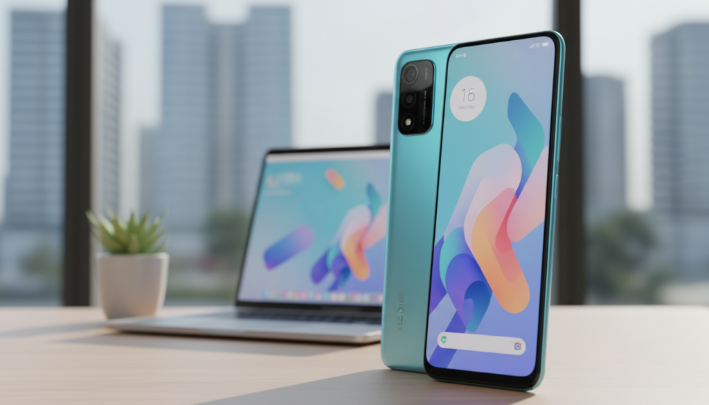 A stylish Xiaomi Poco C85 smartphone displayed prominently in the foreground, angled to showcase its sleek design and vibrant display. The device features a modern color palette with a glossy finish, reflecting soft, natural light for an inviting look. In the middle ground, a stylish workspace includes a blurred laptop and potted plant, creating a tech-savvy atmosphere. The background subtly hints at an urban setting through a soft-focus window view, providing context without distraction. The overall mood is professional yet approachable, emphasizing the smartphone's role in productivity and modern lifestyle. Use soft lighting to enhance the ambiance and focus on the smartphone's details while maintaining a clean composition.