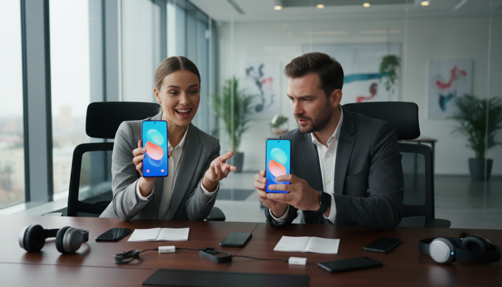 A vibrant and dynamic scene showcasing two individuals engaged in real-world testing of the Xiaomi Poco X7 and Poco X7 Pro smartphones. In the foreground, one individual holds the Poco X7, demonstrating its features with an enthusiastic expression, while the other, showcasing the Poco X7 Pro, compares its performance with an inquisitive look. Both dressed in professional business attire, they are surrounded by various tech gadgets, like headphones and smartwatches. In the middle ground, a sleek wooden table displays the phones alongside user manuals and accessories. The background features a modern office setting with soft natural light pouring in through large windows, creating an inviting and professional atmosphere. The angle is slightly elevated, capturing the interaction and the tech devices prominently, evoking a sense of excitement and innovation in technology. A vibrant and dynamic scene showcasing two individuals engaged in real-world testing of the Xiaomi Poco X7 and Poco X7 Pro smartphones. In the foreground, one individual holds the Poco X7, demonstrating its features with an enthusiastic expression, while the other, showcasing the Poco X7 Pro, compares its performance with an inquisitive look. Both dressed in professional business attire, they are surrounded by various tech gadgets, like headphones and smartwatches. In the middle ground, a sleek wooden table displays the phones alongside user manuals and accessories. The background features a modern office setting with soft natural light pouring in through large windows, creating an inviting and professional atmosphere. The angle is slightly elevated, capturing the interaction and the tech devices prominently, evoking a sense of excitement and innovation in technology.