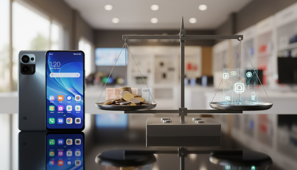 A vibrant and engaging composition illustrating the concept of "cost-benefit" in the context of smartphone purchasing. In the foreground, a modern smartphone, specifically the Xiaomi Poco X7 and Poco X7 Pro, positioned side by side on a reflective surface, showcasing their sleek designs. In the middle, a digital scale balances coins and bills, symbolizing value and affordability, with a subtle focus on the smartphone features displayed on their screens. The background features a blurred electronics store, filled with contrasting lighting that highlights the latest technology, creating a bustling yet professional atmosphere. Use soft, natural lighting to emphasize clarity, and a slight upward angle to convey importance. The overall mood should be informative and sophisticated, representing wise consumer choice. A vibrant and engaging composition illustrating the concept of "cost-benefit" in the context of smartphone purchasing. In the foreground, a modern smartphone, specifically the Xiaomi Poco X7 and Poco X7 Pro, positioned side by side on a reflective surface, showcasing their sleek designs. In the middle, a digital scale balances coins and bills, symbolizing value and affordability, with a subtle focus on the smartphone features displayed on their screens. The background features a blurred electronics store, filled with contrasting lighting that highlights the latest technology, creating a bustling yet professional atmosphere. Use soft, natural lighting to emphasize clarity, and a slight upward angle to convey importance. The overall mood should be informative and sophisticated, representing wise consumer choice.
