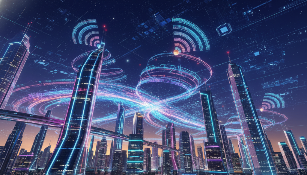A visually striking representation of "5G Connectivity", featuring a futuristic cityscape in the foreground with sleek, modern skyscrapers illuminated by vibrant neon lights. In the middle ground, dynamic data streams and glowing wireless signals intertwine, symbolizing rapid data transfer and connectivity. The background showcases a night sky filled with digital motifs and abstract circuit patterns, enhancing the technological theme. Soft, ambient lighting highlights the scene, creating a sense of innovation and excitement. The angle is slightly tilted upwards to give a sense of grandeur and depth. The overall mood is modern and energetic, reflecting the cutting-edge nature of 5G technology without any text or overlays. A visually striking representation of "5G Connectivity", featuring a futuristic cityscape in the foreground with sleek, modern skyscrapers illuminated by vibrant neon lights. In the middle ground, dynamic data streams and glowing wireless signals intertwine, symbolizing rapid data transfer and connectivity. The background showcases a night sky filled with digital motifs and abstract circuit patterns, enhancing the technological theme. Soft, ambient lighting highlights the scene, creating a sense of innovation and excitement. The angle is slightly tilted upwards to give a sense of grandeur and depth. The overall mood is modern and energetic, reflecting the cutting-edge nature of 5G technology without any text or overlays.